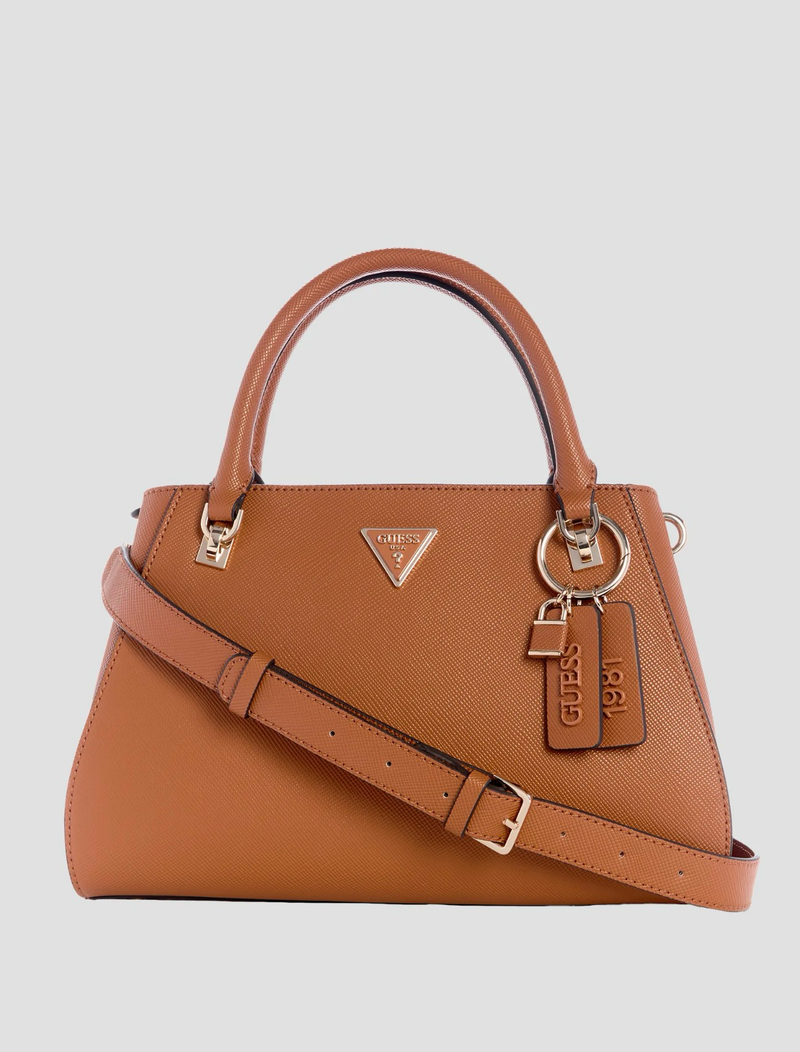 Bolso estructurado de cuero sint茅tico co帽ac de 饾悑饾悢饾悁饾悑 con asas superiores, correa cruzada y detalles dorados.
