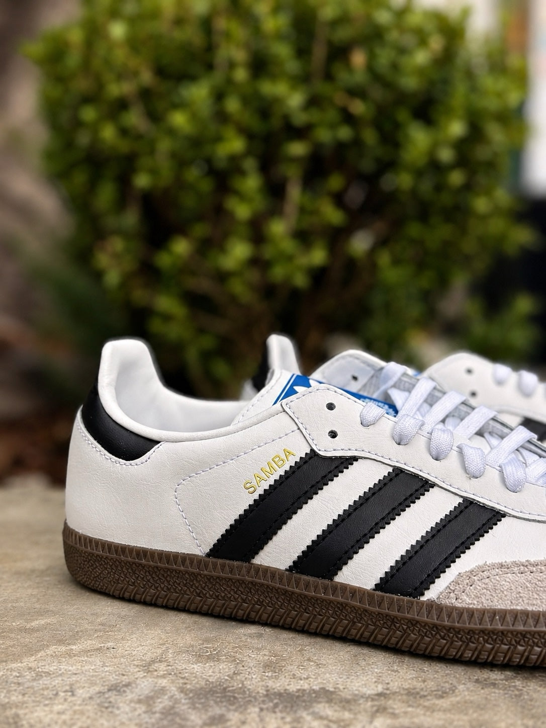 Tenis 𝐋𝐔𝐀𝐋 Adidas Samba blancos de piel con franjas negras, puntera de ante y suela de goma color caramelo.