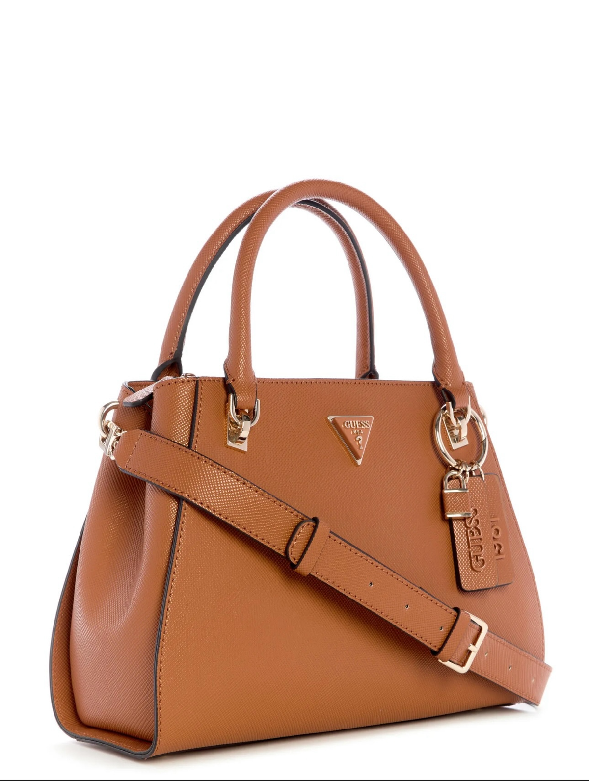 Bolso estructurado de cuero sintético coñac de 𝐋𝐔𝐀𝐋 con correa cruzada y detalles dorados.